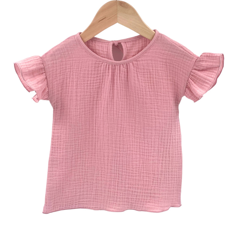 Tricou cu volanase la maneci pentru copii, din muselina, blushing pink , 3-4 ani