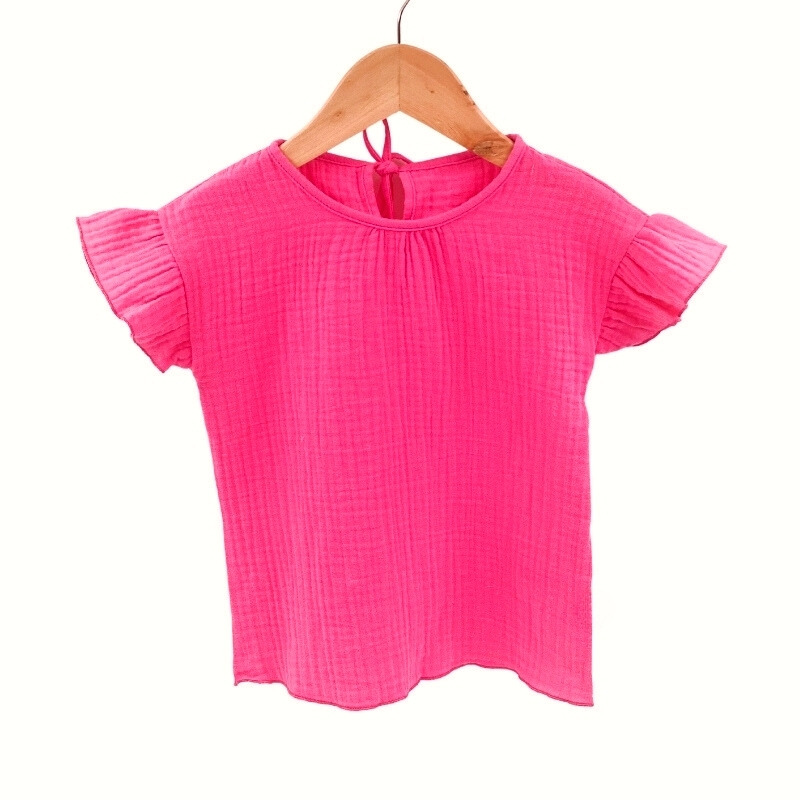Tricou cu volanase la maneci pentru copii, din muselina, pink pop, 12-18 luni