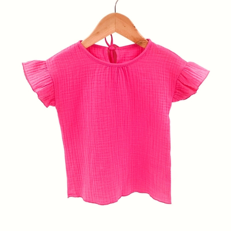 Tricou cu volanase la maneci pentru copii, din muselina, Pink Pop, 3-4 ani