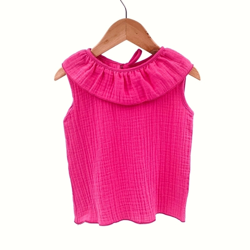 Tricou cu volanase pentru copii, din muselina, pink pop, 5-6 ani