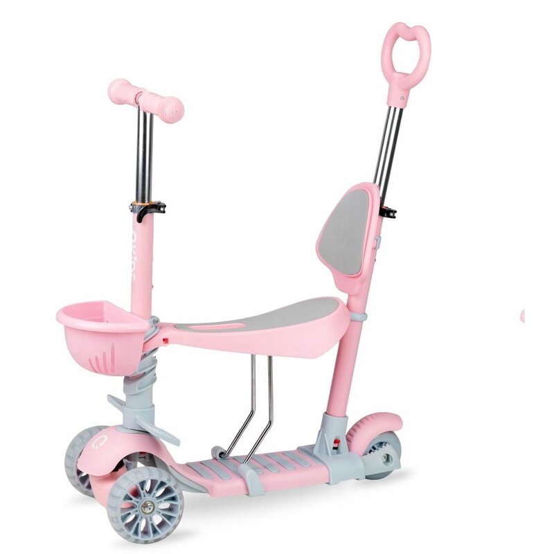 Trotineta 3 in 1, QKIDS, ILI Pink, cu 3 roti, Maner pentru parinte, Scaun reglabil pe 3 trepte, Frana flexbrake, Cos pentru accesorii, Pliabila