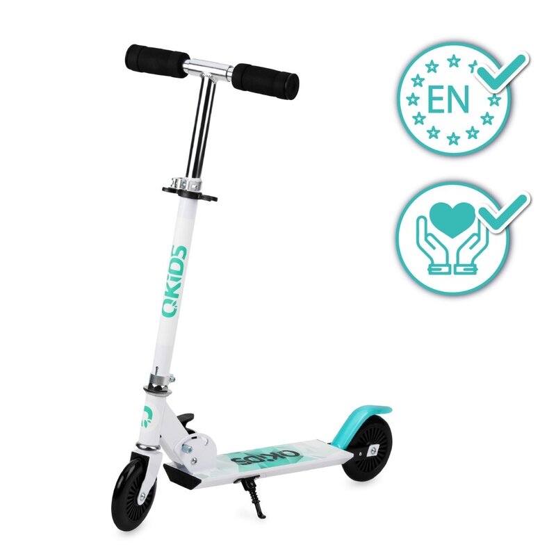 Trotineta copii, qkids, flo blue, rulmenti abec-9, roti poliuretan 85a, ghidon t-shape, platforma anti-derapanta, defender brake, aluminiu