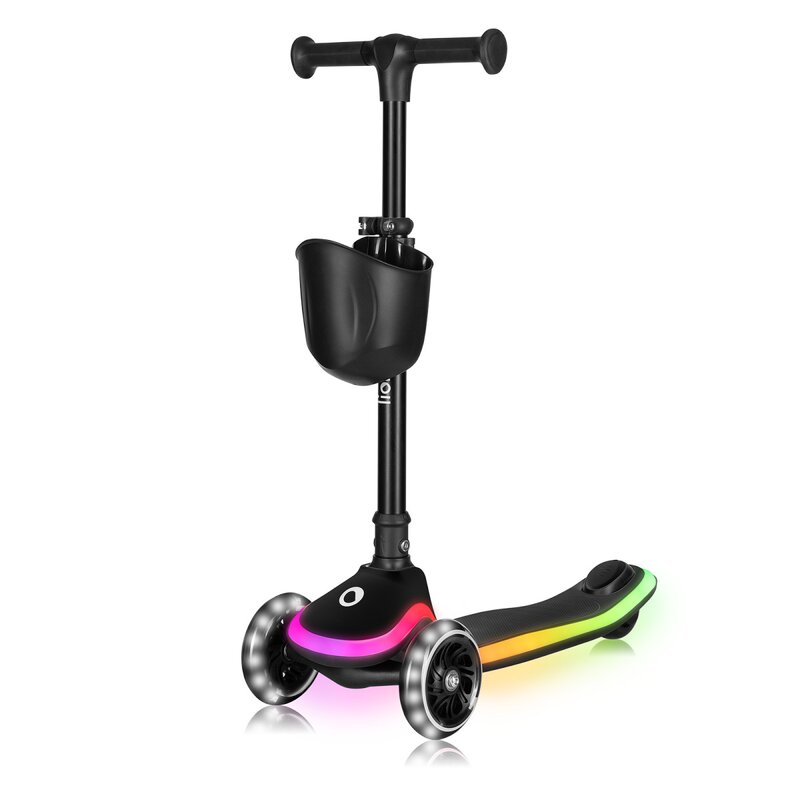 Trotineta pentru copii, Lionelo, Mey, Ultrapliabila, Cu lumini si cosulet, Maner ajustabil pe inaltime, 3 ani+, Pana la 50 Kg, Ultra usor, 2.8 kg, Conform cu standardul EN71-1/2/3, Certificata Intertek, Negru