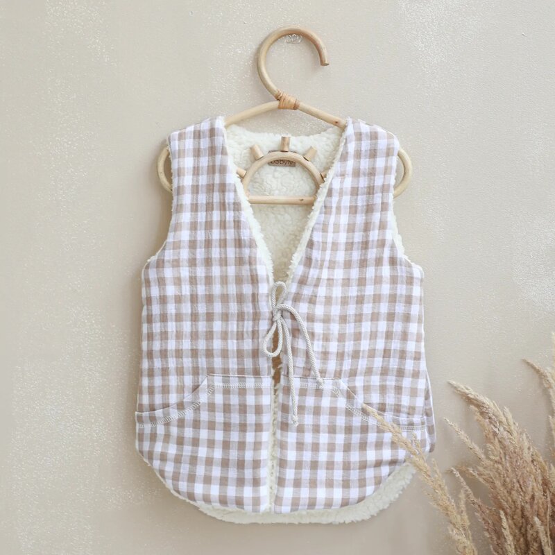 Babyly - vesta pentru copii, reversibila, dublat, muselina carouri bej si tesatura bucle crem, teddy by , 92 98, 1-3 ani
