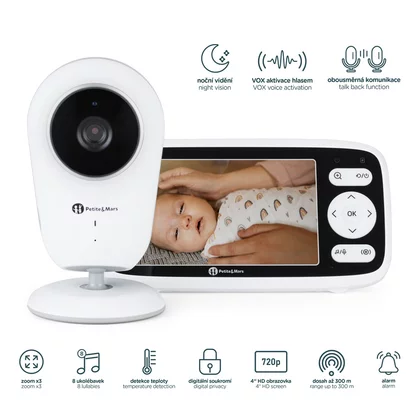 Video monitor, Petite&Mars, Nano 4.0, Ecran HD, Zoom digital 3×, Raza de actiune 300m, Suport pentru pana la 4 camere, Comunicare bidirectionala, 8 melodii, Alb