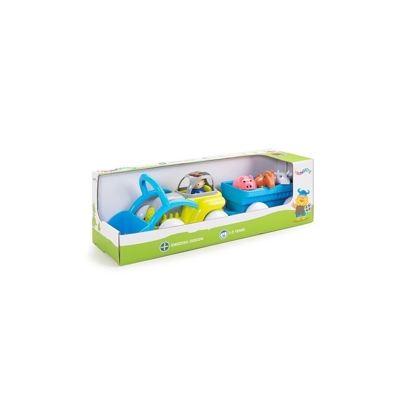 Vikingtoys - tractor in culori vesele cu remorca si animalute, midi