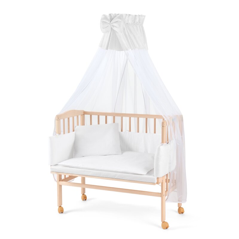 Set Patut, Waldin, Bedside 2in1 Natur, 90 cm x 55 cm, laterala detasabila, co-sleeping, cu Saltea + Aparatoare alba + Baldachin