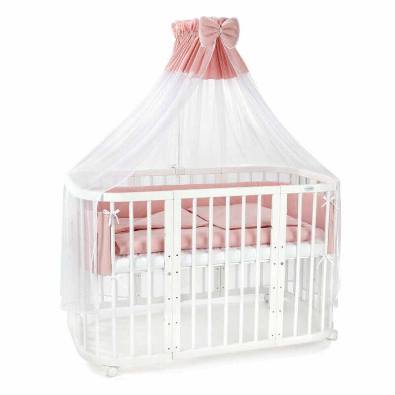 Waldin - set patut rotund evolutiv 7in1 alb, saltele incluse, transformabil, masa de schimbat, co-sleeping + baldachin, lenjerie si aparatori pink
