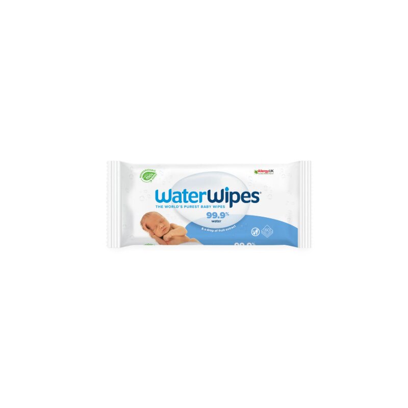 Servetele umede pentru bebelusi, WaterWipes, Fara parfum, 0 luni+, Sensitive, Blande cu pielea bebelusilor, Extract din fructe, 60 bucati, Alb