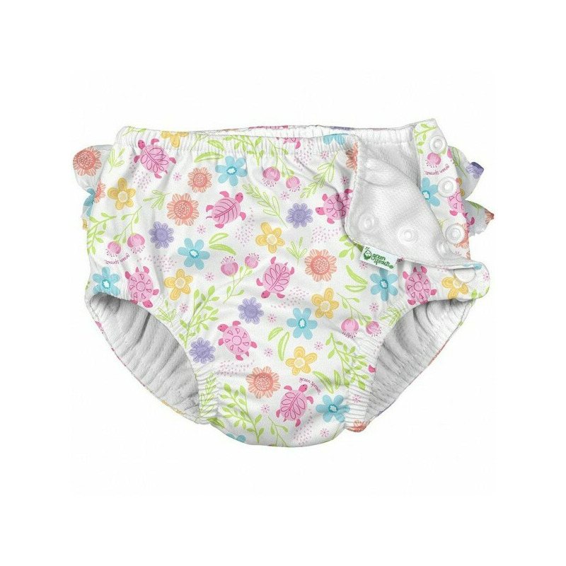 White turtle floral 6 luni - slip fete spf 50+ refolosibil, cu capse si volanase - green sprouts by iplay