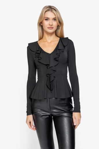 Bluză cambrată cu volane neagră BLO1002