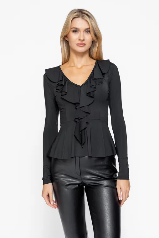 Bluză cambrată cu volane neagră BLO1002 thumbnail picture - 