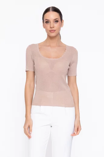 Bluză cambrată tricotaj subțire cu fir lurex bej BDP60314