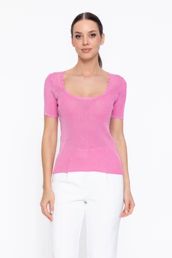 Bluză cambrată tricotaj subțire cu fir lurex roz BDP60314