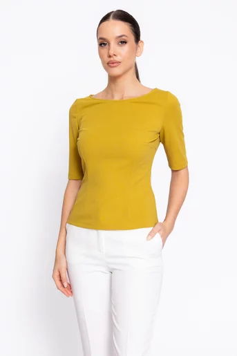 Bluză Caramel cambrată decolteu bărcuță muștar B4615