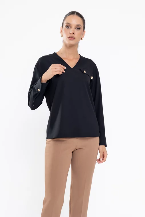 Bluză Caramel cu clape și nasturi neagră B4529 thumbnail picture - 