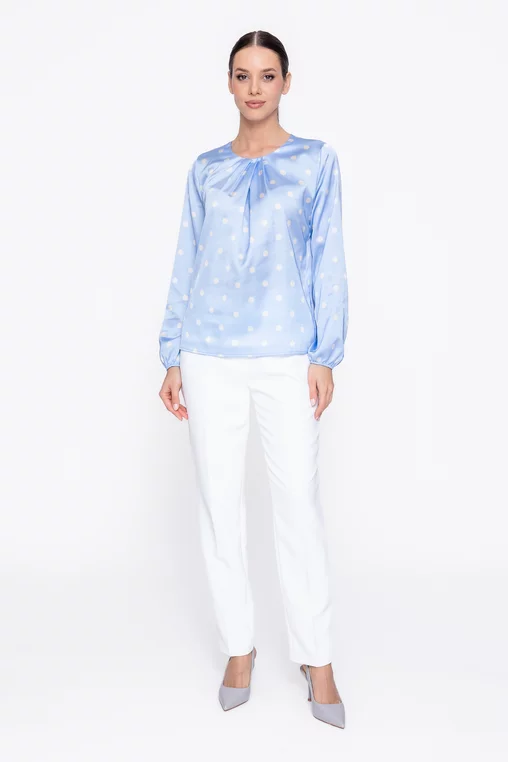 Bluză Caramel cu pliuri suprapuse imprimeu buline bleu B4618 thumbnail picture - 