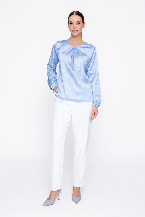 Bluză Caramel cu pliuri suprapuse imprimeu buline bleu B4618 thumbnail picture - 