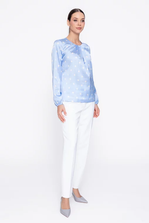 Bluză Caramel cu pliuri suprapuse imprimeu buline bleu B4618 thumbnail picture - 