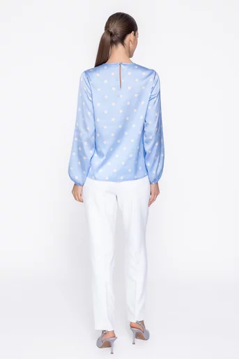 Bluză Caramel cu pliuri suprapuse imprimeu buline bleu B4618