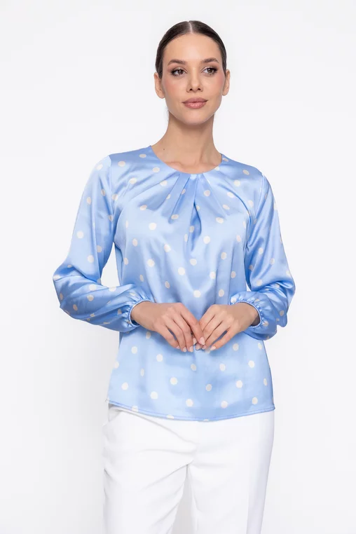 Bluză Caramel cu pliuri suprapuse imprimeu buline bleu B4618 thumbnail picture - 