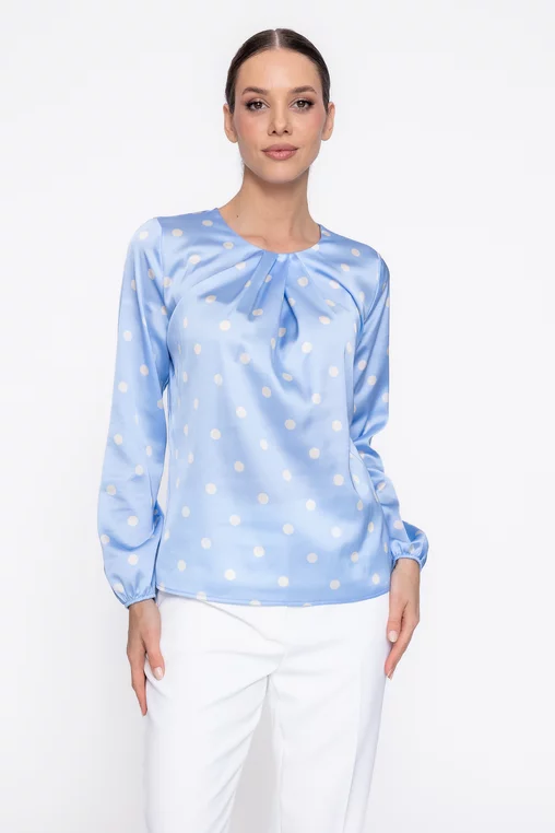 Bluză Caramel cu pliuri suprapuse imprimeu buline bleu B4618 thumbnail picture - 