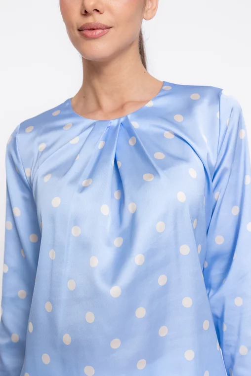 Bluză Caramel cu pliuri suprapuse imprimeu buline bleu B4618 thumbnail picture - 