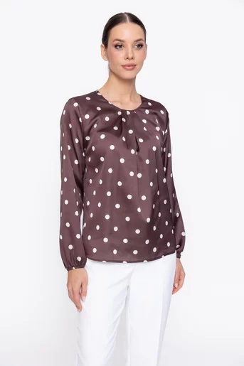 Bluză Caramel cu pliuri suprapuse imprimeu buline maro B4618