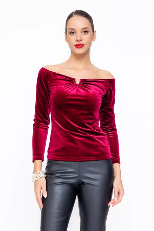 Bluză Caramel elegantă catifea burgundy cu accesoriu perlă  B4542 thumbnail picture - 