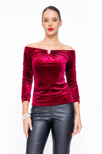 Bluză Caramel elegantă catifea burgundy cu accesoriu perlă  B4542