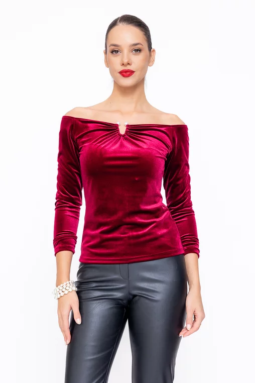 Bluză Caramel elegantă catifea burgundy cu accesoriu perlă  B4542 thumbnail picture - 