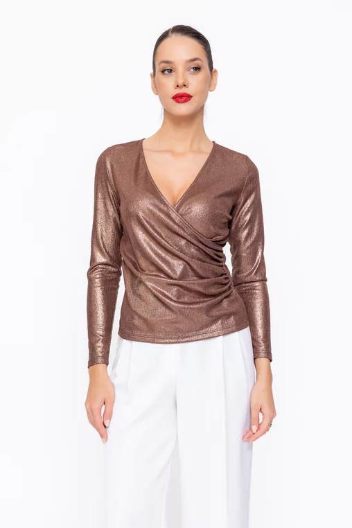 Bluză Caramel elegantă cu decolteu suprapus maro B4545 thumbnail picture - 
