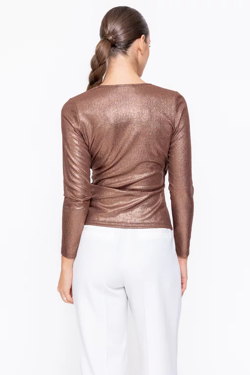 Bluză Caramel elegantă cu decolteu suprapus maro B4545 thumbnail picture - 