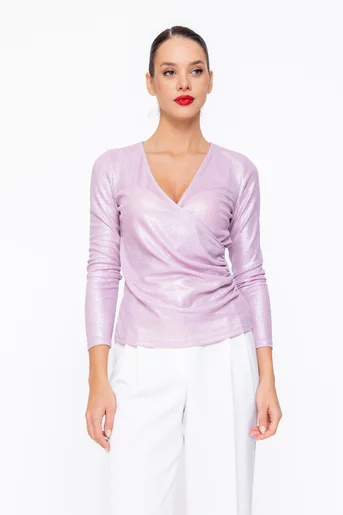 Bluză Caramel elegantă cu decolteu suprapus roz B4545