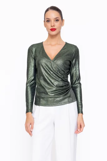Bluză Caramel elegantă cu decolteu suprapus verde B4545