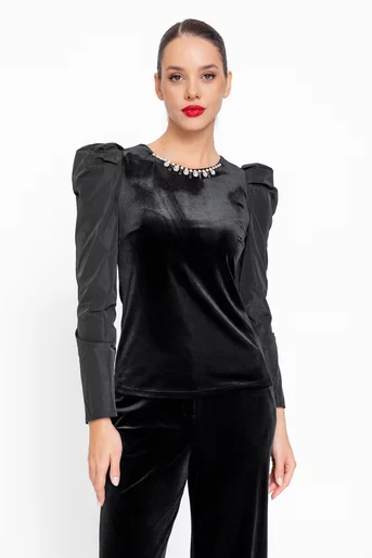 Bluză Caramel elegantă din catifea cu mâneci bufante din tafta și accesoriu B4546