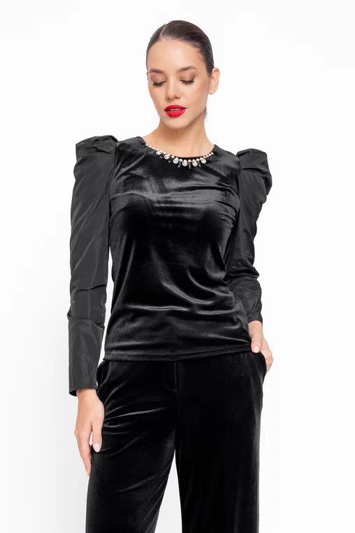 Bluză Caramel elegantă din catifea cu mâneci bufante din tafta și accesoriu B4546 thumbnail picture - 