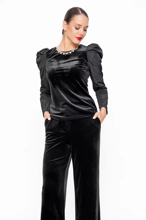 Bluză Caramel elegantă din catifea cu mâneci bufante din tafta și accesoriu B4546 thumbnail picture - 