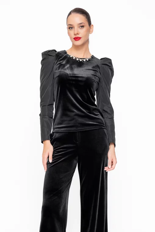 Bluză Caramel elegantă din catifea cu mâneci bufante din tafta și accesoriu B4546 thumbnail picture - 