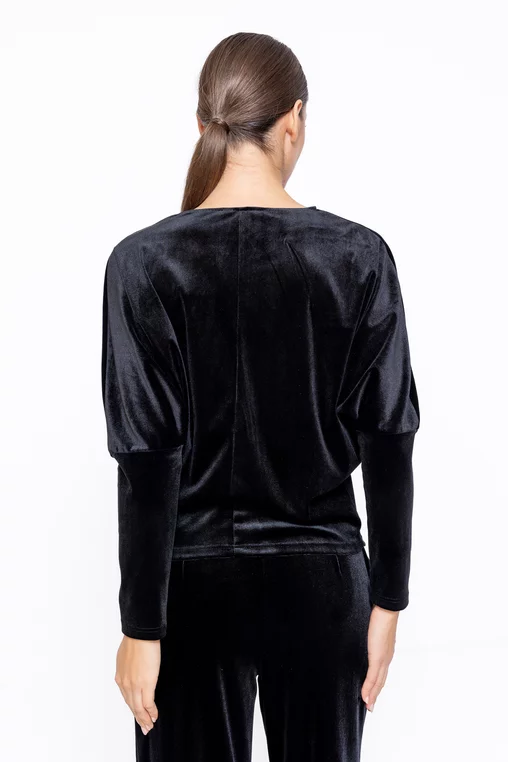 Bluză Caramel  lejeră din catifea cu floare decorativă neagră B4547 thumbnail picture - 