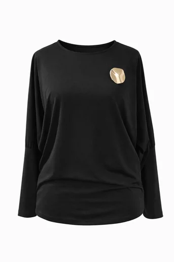 Bluză Caramel lejeră neagră cu mâneci chimono și broșă B4613