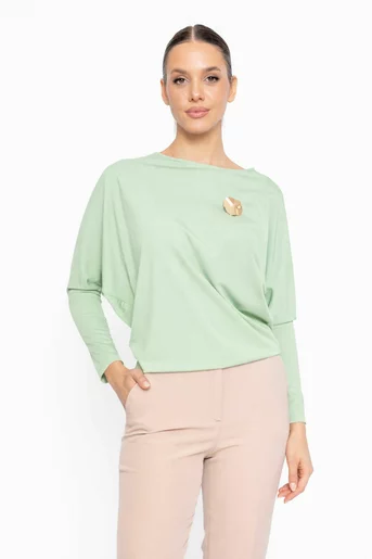 Bluză Caramel lejeră vernil cu mâneci chimono și broșă B4613