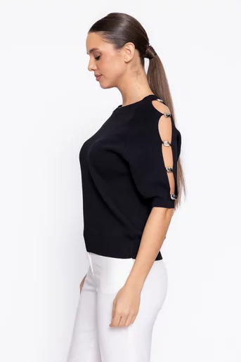 Bluză casual cu decupaje neagră BSS60204