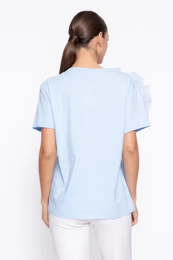 Bluză casual din bumbac cu floare decorativă bleu BZD60205
