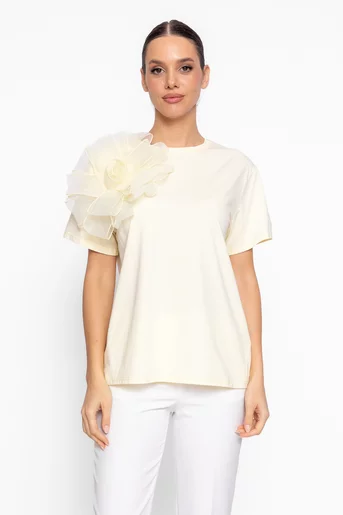 Bluză casual din bumbac cu floare decorativă galbenă BZD60205