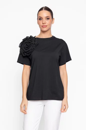 Bluză casual din bumbac cu floare decorativă neagră BZD60204