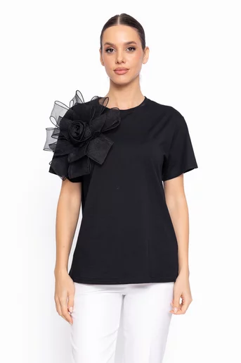 Bluză casual din bumbac cu floare decorativă neagră BZD60205