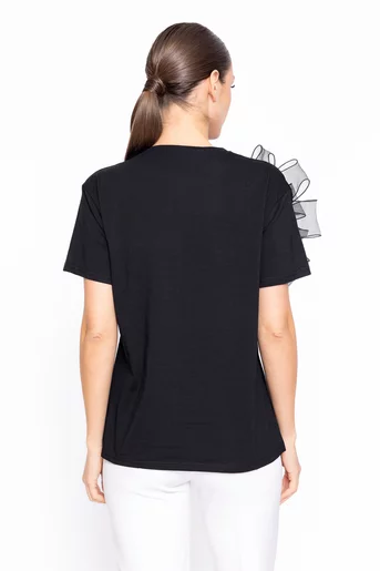 Bluză casual din bumbac cu floare decorativă neagră BZD60205