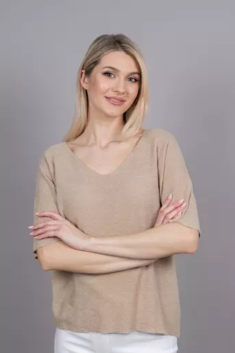 Bluza casual in v cu fir lucios bej M9944