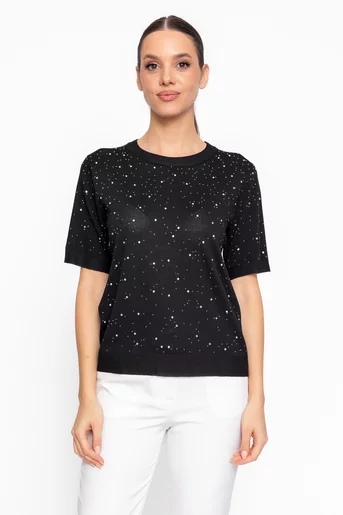 Bluză casual tricotată decorată cu strasuri neagră BHD60209